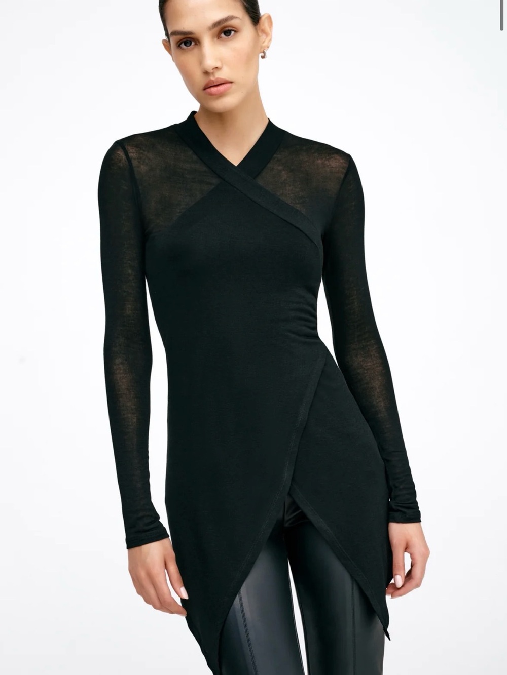 Women's Black Asymmetric Wrap Tunic Top